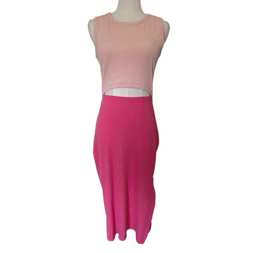 PrettyGarden (S) Bodycon Cutout Colorblock Pink Ribbed Midi Dress